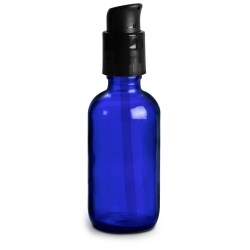 2 oz Glass Bottles, Blue Glass Boston Round Bottles w/ Black Treatment Pumps