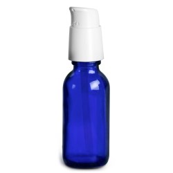 1 oz  Blue Glass Boston Round Bottles w/ White Treatment Pumps