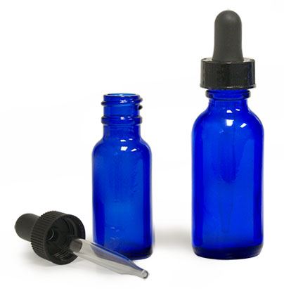 1 oz Blue Glass Round Bottles w/ Black Bulb Glass Droppers