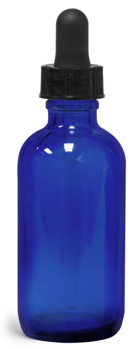 2 oz Blue Glass Round Bottles w/ Black Bulb Glass Droppers