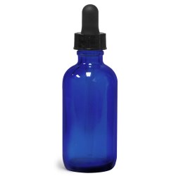 2 oz Blue Glass Round Bottles w/ Black Bulb Glass Droppers