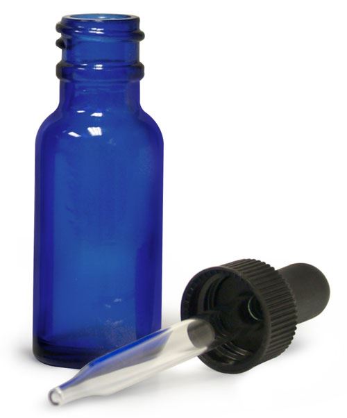 1/2 oz Blue Glass Round Bottles w/ Black Bulb Glass Droppers