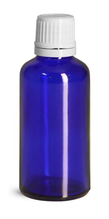 50 ml Blue Glass Euro Dropper Bottles w/ White Tamper Evident Caps and Orifice Reducers