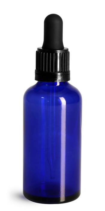 50 ml Glass Bottles, Cobalt Blue Glass Euro Dropper Bottles w/ Black Tamper Evident Bulb Droppers