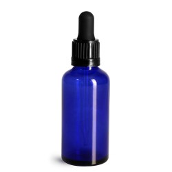 50 ml Glass Bottles, Cobalt Blue Glass Euro Dropper Bottles w/ Black Tamper Evident Bulb Droppers