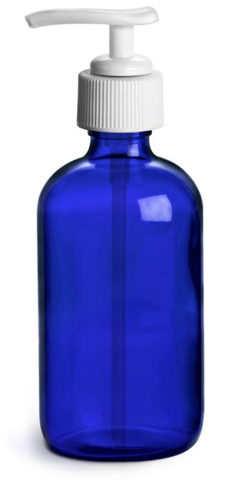 4 oz Blue Cobalt Glass Round Bottles w/ White Pumps