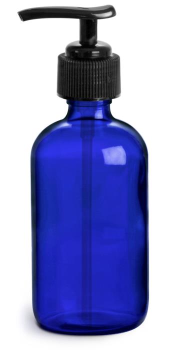 4 oz Blue Cobalt Glass Round Bottles w/ Black Pumps