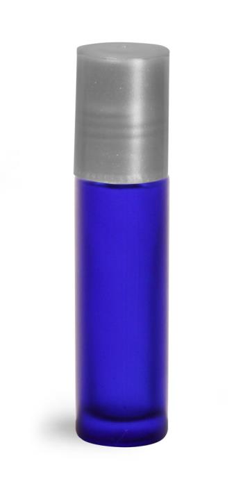 .35 oz Blue Frosted Glass Roll On Containers w/ Ball and Silver Caps