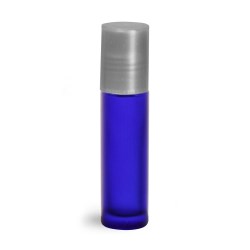 .35 oz Blue Frosted Glass Roll On Containers w/ Ball and Silver Caps