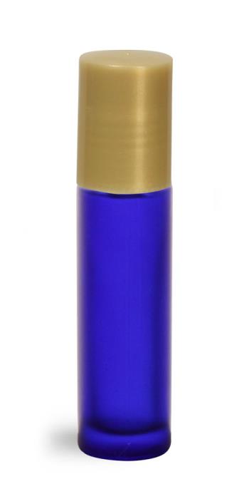 .35 oz Blue Frosted Glass Roll On Containers w/ Ball and Gold Caps