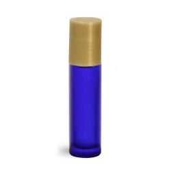 .35 oz Blue Frosted Glass Roll On Containers w/ Ball and Gold Caps