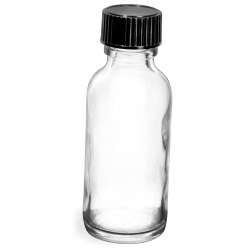 1 oz  Clear Glass Round Bottles w/ Black Phenolic Cone Lined Caps