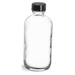 4 oz  Clear Glass Round Bottles w/ Black Phenolic Cone Lined Caps