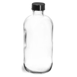 8 oz  Clear Glass Round Bottles w/ Black Phenolic Cone Lined Caps