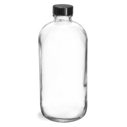 16 oz  Clear Glass Round Bottles w/ Black Phenolic Cone Lined Caps