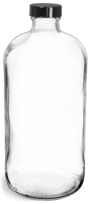 32 oz  Clear Glass Round Bottles w/ Black Phenolic Cone Lined Caps