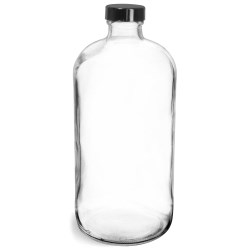 32 oz  Clear Glass Round Bottles w/ Black Phenolic Cone Lined Caps