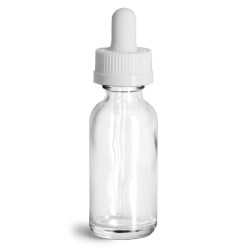 1 oz Glass Bottles, Clear Glass Boston Rounds w/ White Child Resistant Glass Droppers