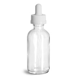 2 oz Glass Bottles, Clear Glass Boston Rounds w/ White Child Resistant Glass Droppers