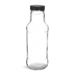 10 oz Glass Bottles, Clear Glass Beverage Bottles w/ Black Ribbed PE Lined Caps