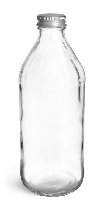 16 oz Glass Bottles, Clear Glass Vinegar Style Round Bottles w/ Lined Aluminum Caps