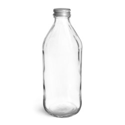 16 oz Glass Bottles, Clear Glass Vinegar Style Round Bottles w/ Lined Aluminum Caps