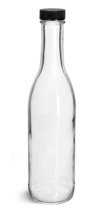 12 oz Glass Bottles, Clear Glass Woozy Bottle w/ Black Ribbed Lined Caps