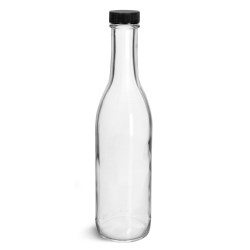 12 oz Glass Bottles, Clear Glass Woozy Bottle w/ Black Ribbed Lined Caps