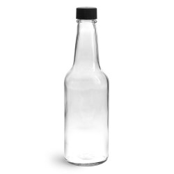 10 oz Clear Glass Sauce Bottles w/ Black Ribbed Lined Caps & Orifice Reducers