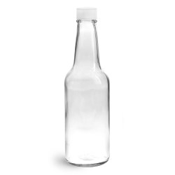 10 oz Clear Glass Sauce Bottles w/ White Ribbed Lined Caps & Orifice Reducers