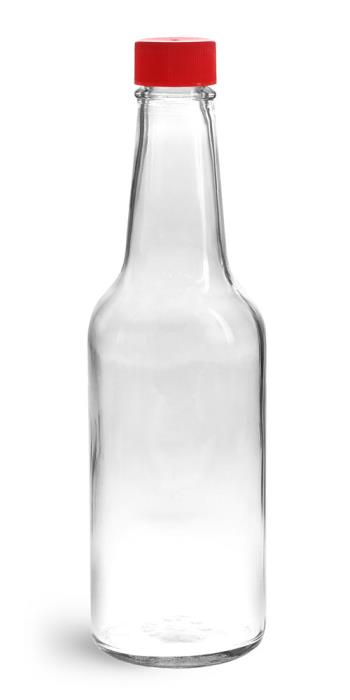 10 oz Clear Glass Sauce Bottles w/ Red Ribbed Lined Caps & Orifice Reducers