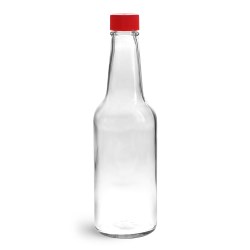 10 oz Clear Glass Sauce Bottles w/ Red Ribbed Lined Caps & Orifice Reducers