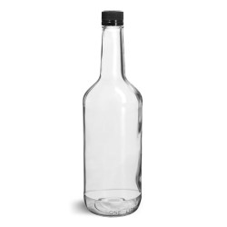 1 Liter Glass Bottles, Clear Glass Liquor Bottles w/ Black Polypro Tamper Evident Caps