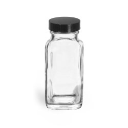 2 oz Clear Glass French Square Bottles w/ Black Phenolic Cone Lined Caps