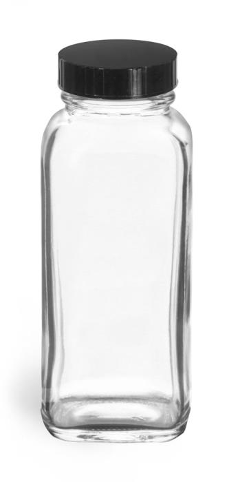 4 oz Clear Glass French Square Bottles w/ Black Phenolic Cone Lined Caps