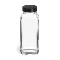 4 oz Clear Glass French Square Bottles w/ Black Phenolic Cone Lined Caps