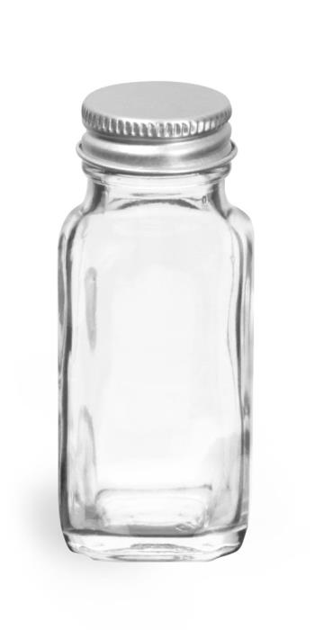 2 oz  Clear Glass French Square Bottles w/ Lined Aluminum Caps