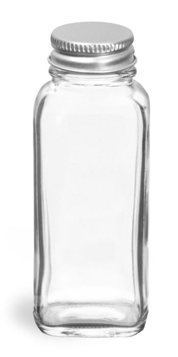 4 oz  Clear Glass French Square Bottles w/ Lined Aluminum Caps