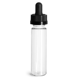 1 oz Plastic Bottles, Clear PET Slim Line Cylinders w/ Black Child Resistant Glass Droppers