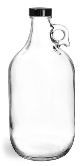 64 oz Clear Glass Round Jugs w/ Black Phenolic Cone Lined Caps