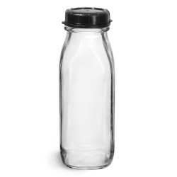 16 oz Glass Bottles, Clear Glass Tall Dairy Bottles with Black Tamper Evident Caps