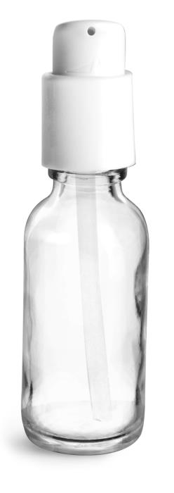 1 oz  Clear Glass Bottles, Boston Round Bottles w/ White Treatment Pumps