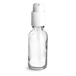 1 oz  Clear Glass Bottles, Boston Round Bottles w/ White Treatment Pumps