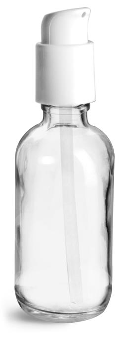 2 oz Clear Glass Bottles, Boston Round Bottles w/ White Treatment Pumps