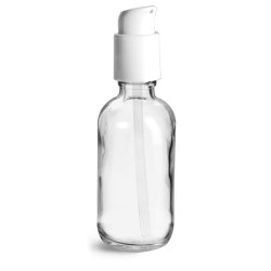 2 oz Clear Glass Bottles, Boston Round Bottles w/ White Treatment Pumps