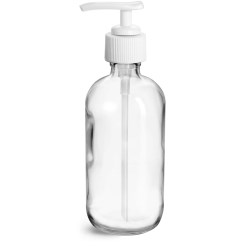 8 oz Clear Glass Bottles, Boston Round Bottles w/ White Lotion Pumps