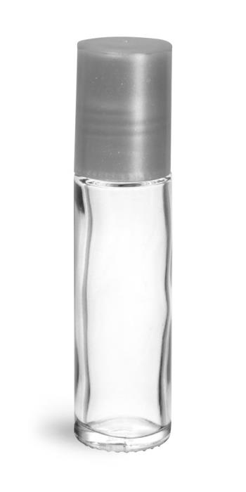 .35 oz Silver Clear Glass Roll On Containers w/ Ball and Silver Caps