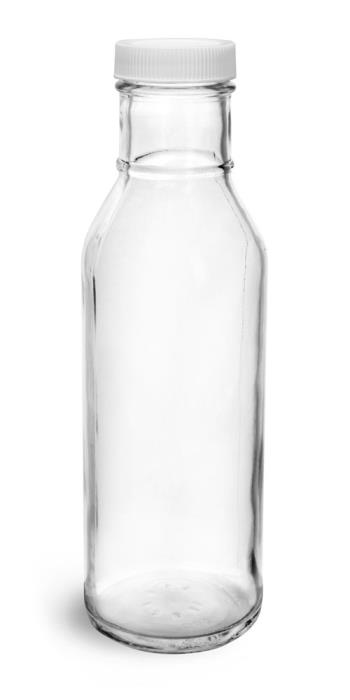 12 oz, White Plastic PE Lined Caps Clear Glass Barbecue Sauce Bottles w/ Lined Plastic or Metal Caps