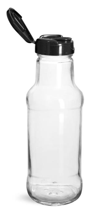 10 oz Glass Bottles, Glass Sauce/Beverage Bottles w/ Black PP Lift \n\ Peel™ Lined Snap Top Caps