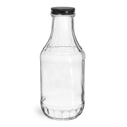 16 oz Glass Bottles, Clear Glass Sauce Decanter Bottles w/ Black Metal Plastisol Lined Caps